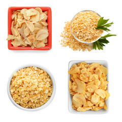 Set with dried garlic on white background