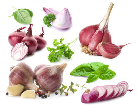 Garlic with onion and herbs on white background