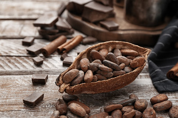 Composition with cocoa pod and beans on wooden table