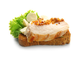 Tasty chicken bruschetta on white background