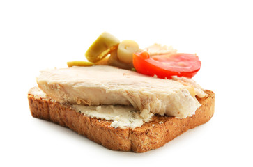 Tasty chicken bruschetta on white background