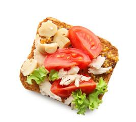 Tasty chicken bruschetta on white background