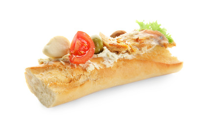 Tasty chicken bruschetta on white background