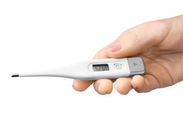 Woman holding digital thermometer on white background