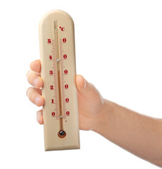 Woman holding weather thermometer on white background