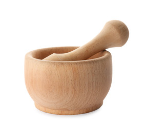 Wooden mortar and pestle on white background. Handcrafted cooking utensils