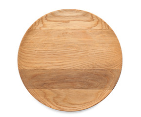Wooden plate on white background. Handcrafted cooking utensils