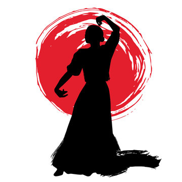 Woman in long dress stay in dancing pose. flamenco dancer Spanish regions of Andalusia, Extremadura Murcia. black silhouette Isolated on white background brush outline sketch. Vector