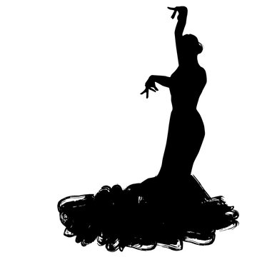 Woman in long dress stay in dancing pose. flamenco dancer Spanish regions of Andalusia, Extremadura Murcia. black silhouette Isolated on white background brush outline sketch. Vector