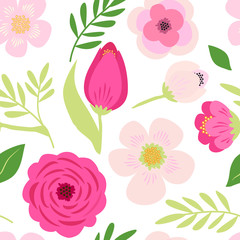 Cute seamless hand drawn spring pattern with primitive rustic flowers and leaves