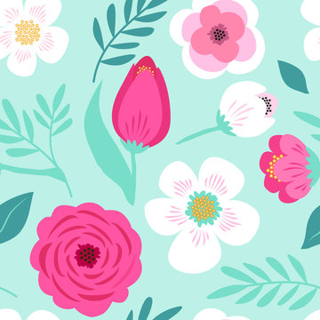 Cute seamless hand drawn spring pattern with primitive rustic flowers and leaves