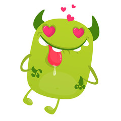 Funny cartoon green monster in love showing tongue. Vector illustration of cute monster for St.Valentine's Day