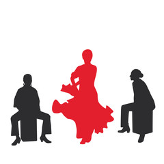 set of women in dress musician with cajon. flamenco dancer Spanish regions of Andalusia, Extremadura and Murcia, Cajon percussion instrument. black red silhouette white background brush sketch. Vector - 192118111