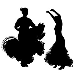 Woman in long dress stay in dancing pose. flamenco dancer Spanish regions of Andalusia, Extremadura Murcia. black silhouette Isolated on white background brush outline sketch. Vector