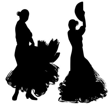 Woman with fan in long dress stay in dancing pose. flamenco dancer Spanish regions of Andalusia, Extremadura Murcia. black silhouette Isolated on white background brush outline sketch. Vector