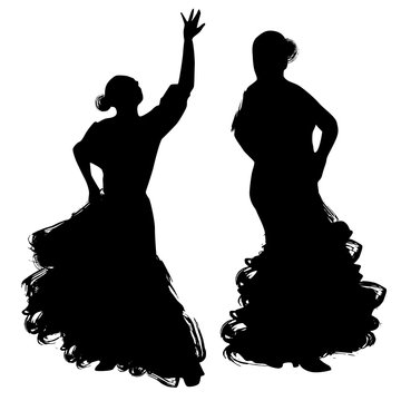 Woman in long dress stay in dancing pose. flamenco dancer Spanish regions of Andalusia, Extremadura Murcia. black silhouette Isolated on white background brush outline sketch. Vector