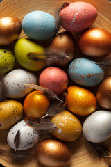 Happy easter! Easter eggs on wooden background