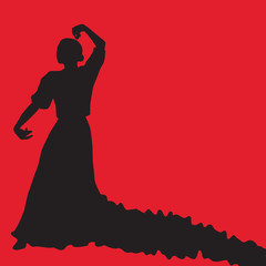 Woman in long dress stay in dancing pose. flamenco dancer, spanish. black silhouette Isolated on red background. Vector