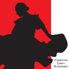 Woman in long dress stay in dancing pose. flamenco dancer, spanish. beautiful female profile black silhouette on white red background. Vector