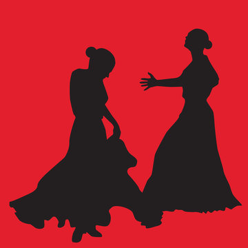 Woman in long dress stay in dancing pose. flamenco dancer, spanish. black silhouette Isolated on red background. Vector