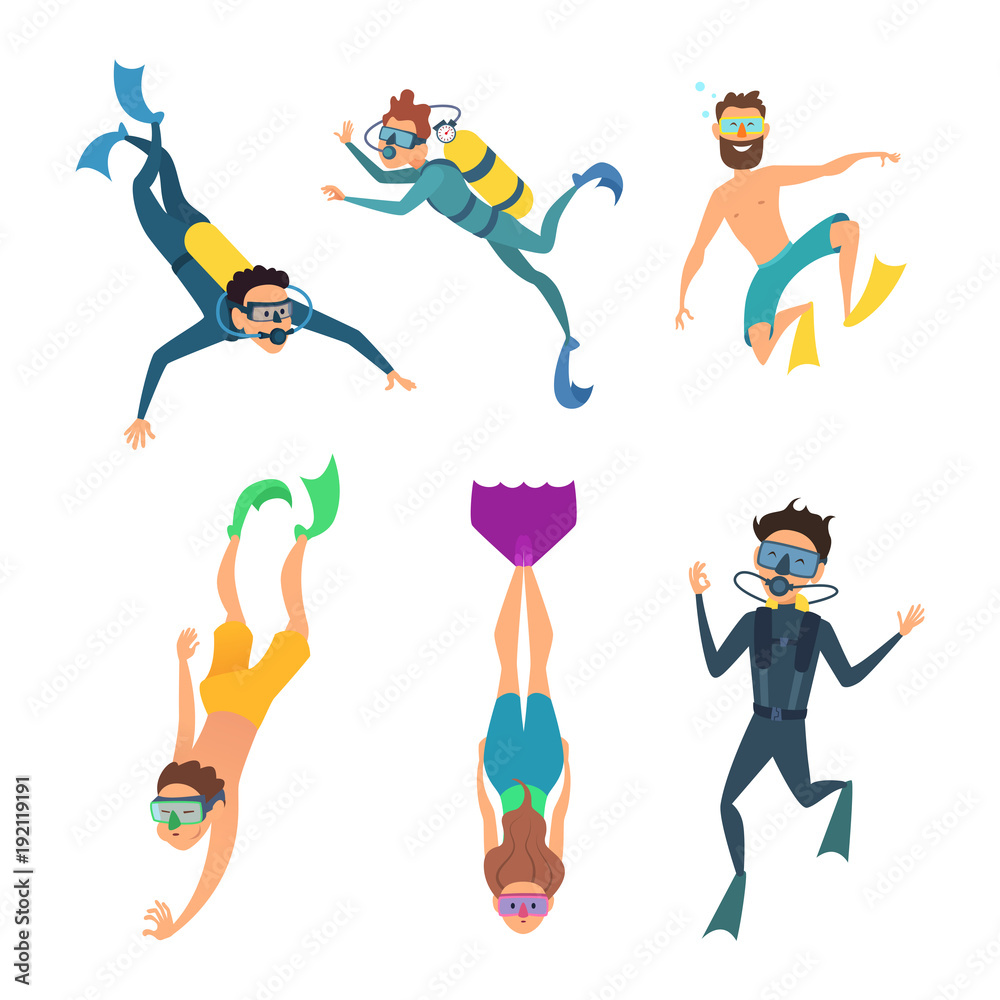 Sticker Set of cartoon characters. Underwater divers