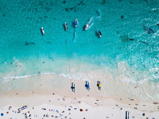 Boats at the beach in Tulum Mexico aerial view