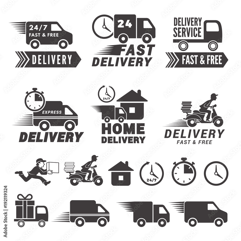 Wall mural logos set of fast delivery service. vector labels isolate on white