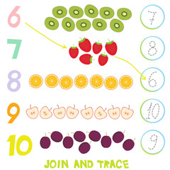 Kids learning number material 6 to 10 Trace Then match. Illustration of Education Counting Game for Preschool Children strawberry kiwi apple orange plum. Vector