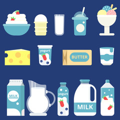 Illustrations of milk products. Cream, yogurt and cheese