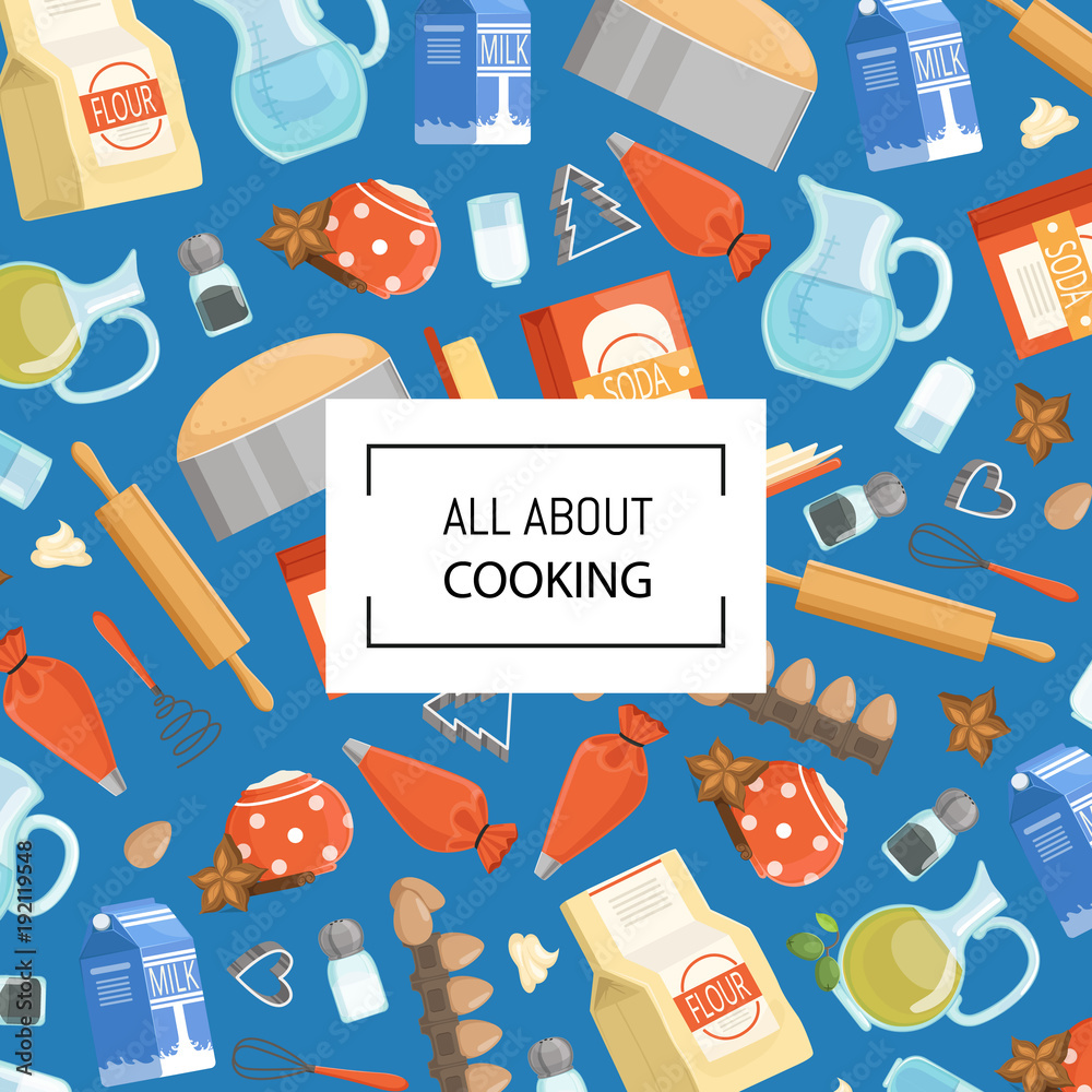 Poster vector cartoon cooking ingridients or groceries background with place for text