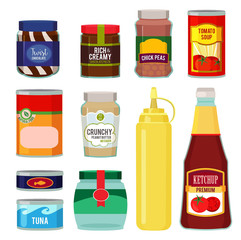 Illustrations of canned goods. Conservation of tomato, fish, vegetables and other foods