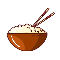 Colored picture of rice in a clay bowl with chopsticks. Vector illustration of Japanese food on white background