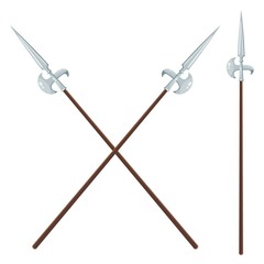 Color image of two crossed halberds on a white background. Vector illustration halberds style Cartoon