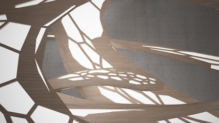 Fototapeta na wymiar Abstract concrete and wood parametric interior with neon lighting. 3D illustration and rendering.