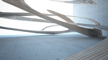 Abstract  concrete and wood parametric interior  with window. 3D illustration and rendering.