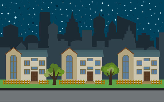 Vector city with three two-story cartoon houses and green trees at night. Summer urban landscape. Street view with cityscape on a background
