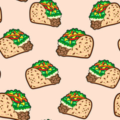 Seamless pattern with Mexican food - tacos. Fast food background for textile, cafe and restaurant wrapping paper, covers, banners, wallpapers, etc.