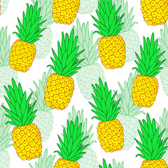 Colorful pineapple vector seamless pattern for kitchen design, wallpapers, fabrics, textiles, covers, wrappings, etc. White background.