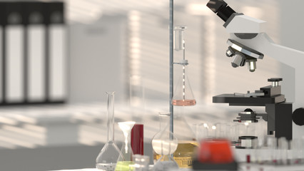 laboratory equipment laboratories microscope with lab glassware lab, scientist 3d rendering development research background