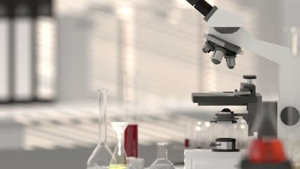laboratories microscope with lab glassware,equipment, lab, scientist 3d rendering development research background