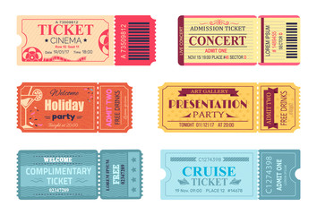 Tickets and Admissions Set Vector Illustration - obrazy, fototapety, plakaty