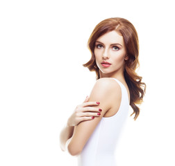 Fototapeta premium Portrait of beautiful and young brunette girl isolated on white