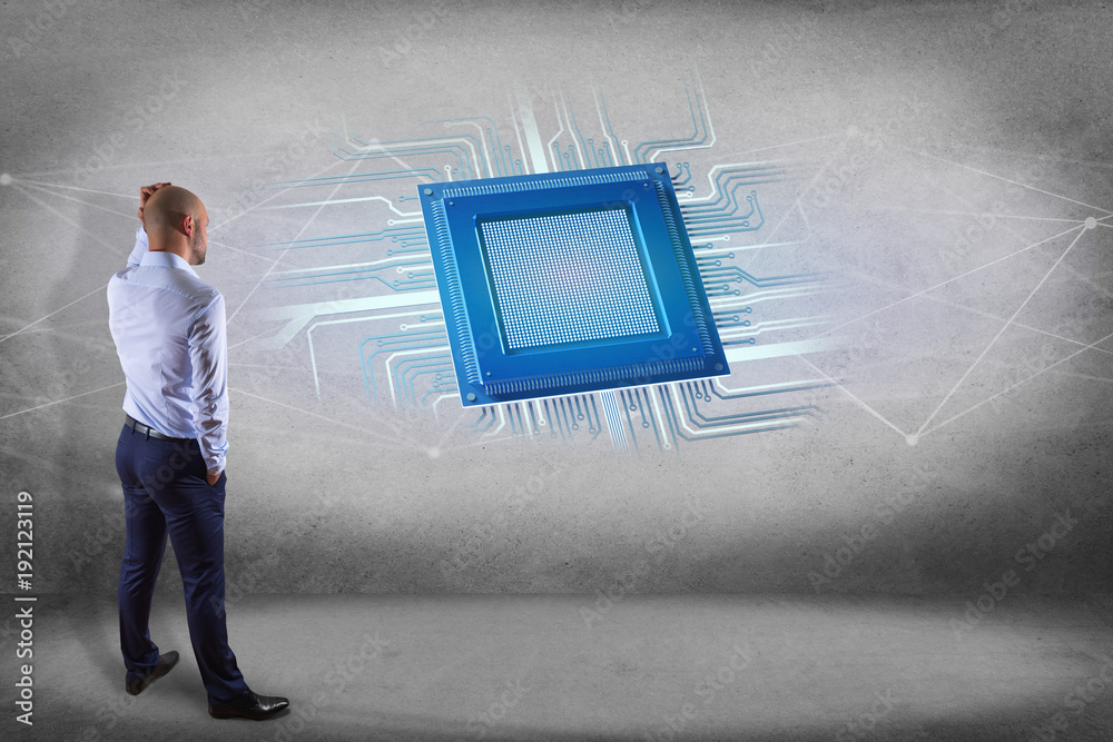 Poster businessman in front of a wall with a processor chip and network connection - 3d render