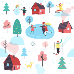 Winter Pattern with People and Cottage Houses