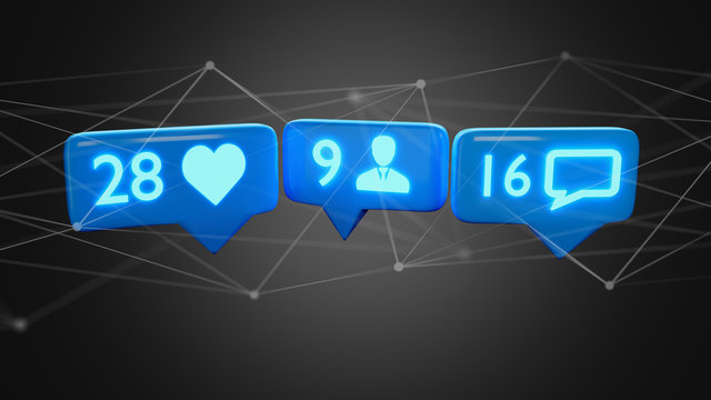 Like, Follower and message notification on social network - 3d render
