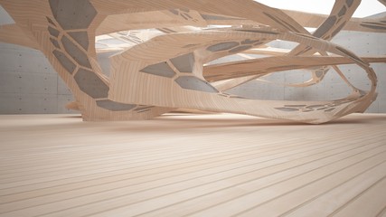 Fototapeta na wymiar Abstract concrete and wood parametric interior with window. 3D illustration and rendering.