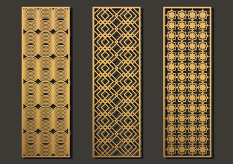Laser cut template panels set. Die cut geometric pattern rectangle shape for metal , wooden, paper, engraving, stencil, bookmark. Vector illustration design.
