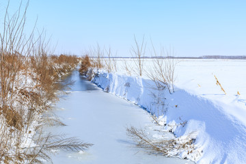 pond and white snow landscape in the countryside
