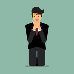 Businesssman is on his knees and prays to god