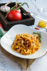 Pasta with meat ragout, Italian cuisine